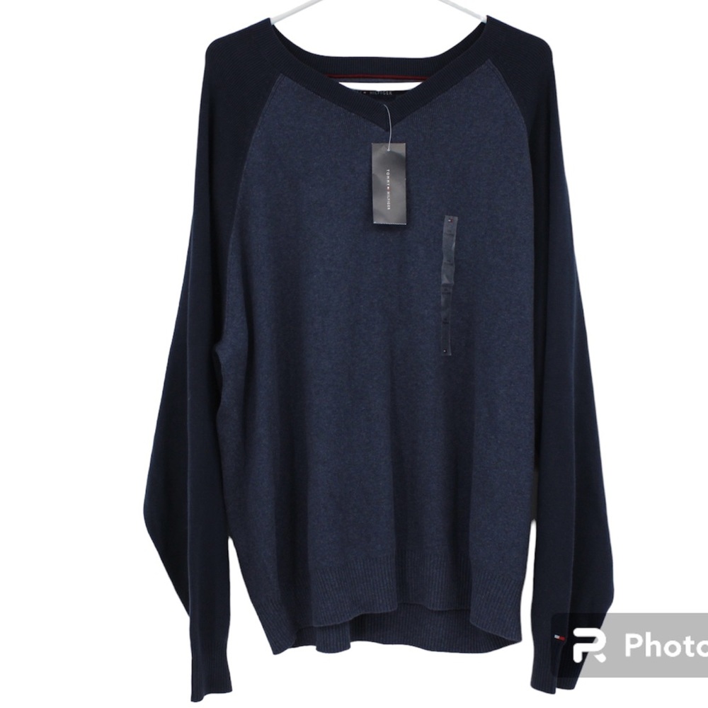 TOMMY HILFIGER Dark Blue Mens Long Sleeve V-Neck Top New With Tags NWT XXL
